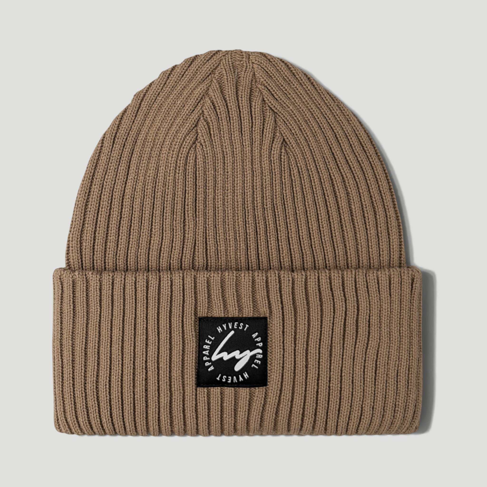 HYVEST Beanie Big Rippstrick dunkles Braun mit schwarzem Patch