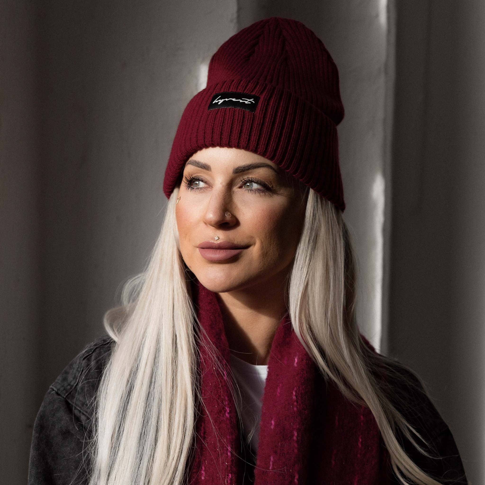 HYVEST Beanie Big Rippstrick weinrot mit passendem großen Schal