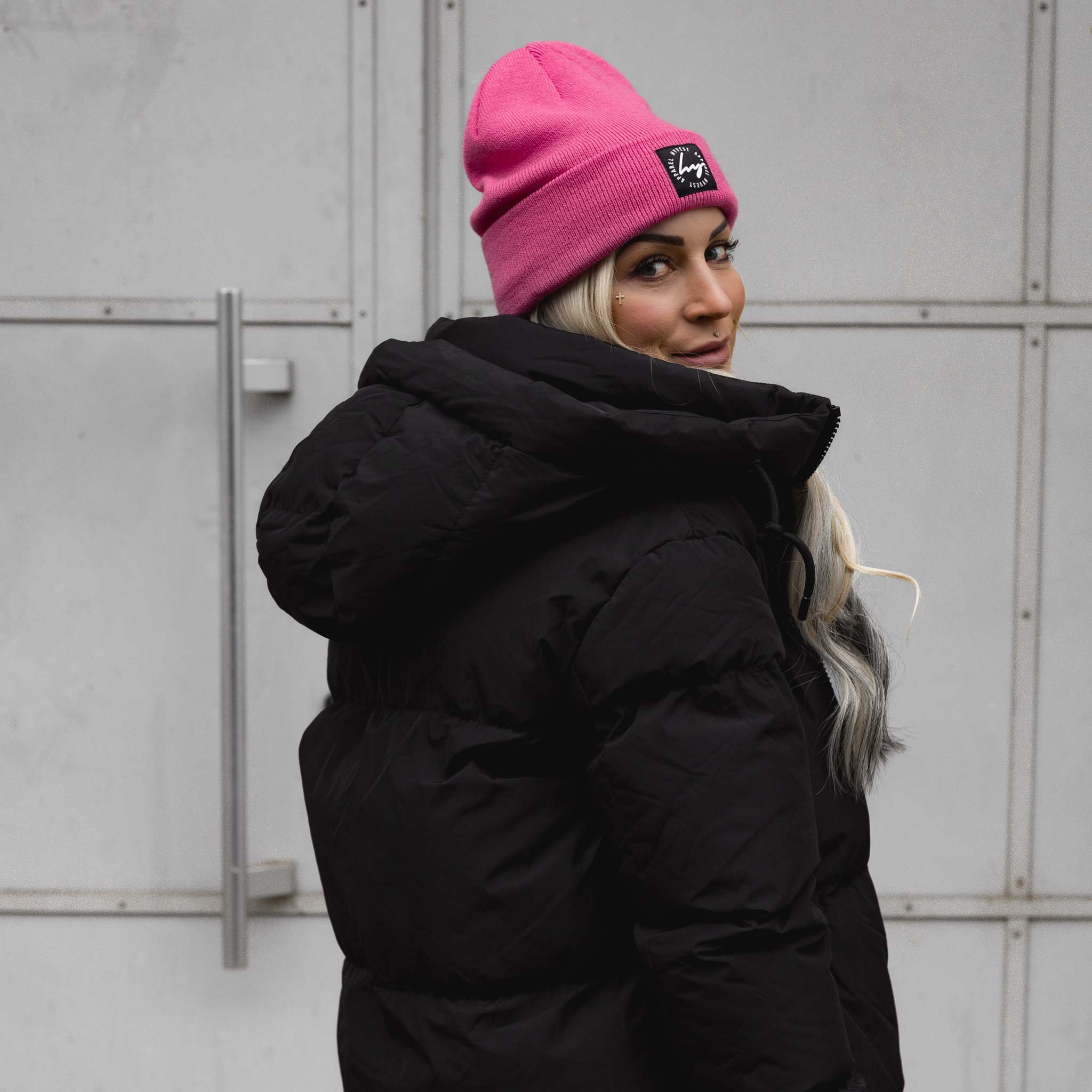 HYVEST Feinstrick Beanie pink für Damen Winterparka schwarz