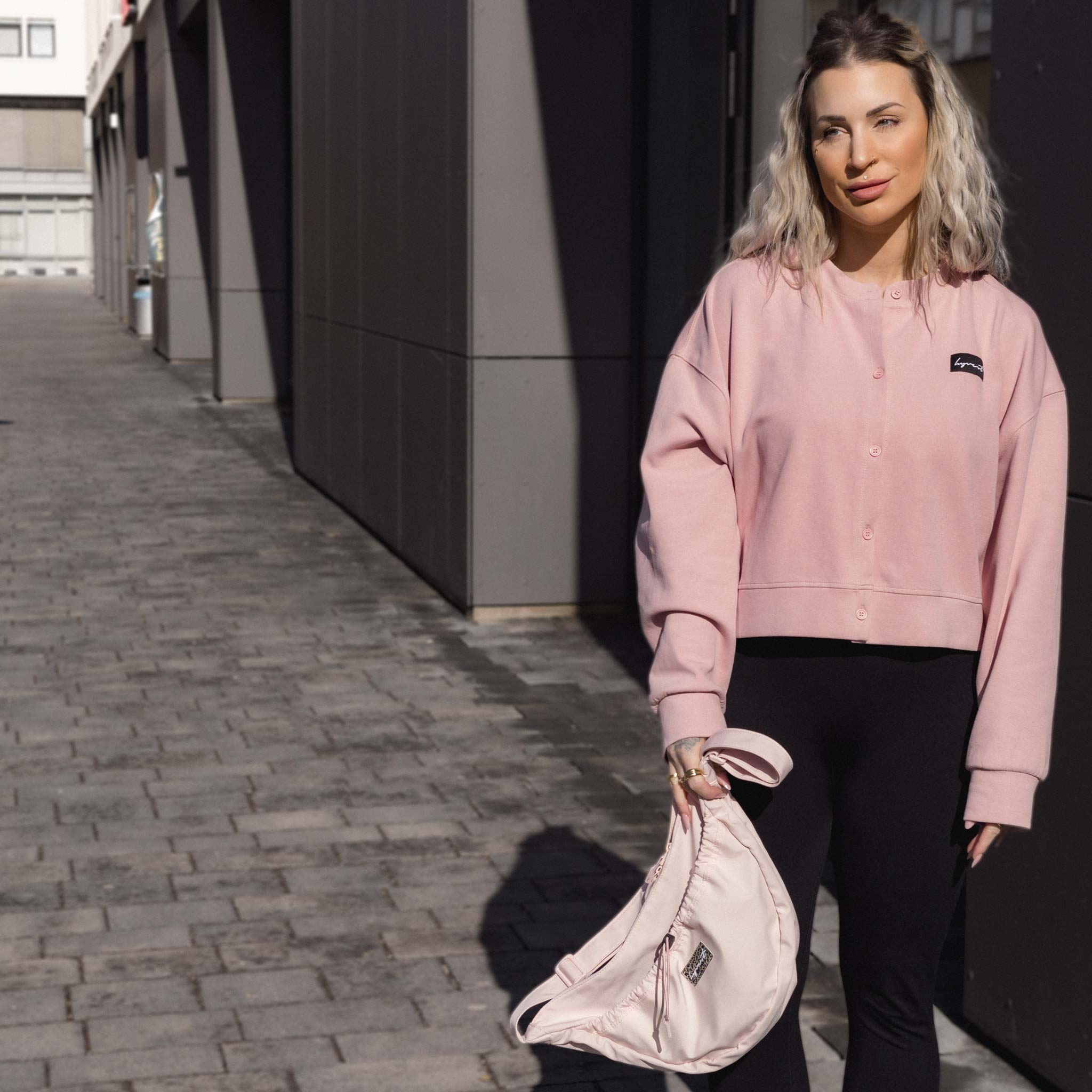 HYVEST Frühlings Outfit Frauen Cardigan mattrosa, Crossbody Bag und Leggings