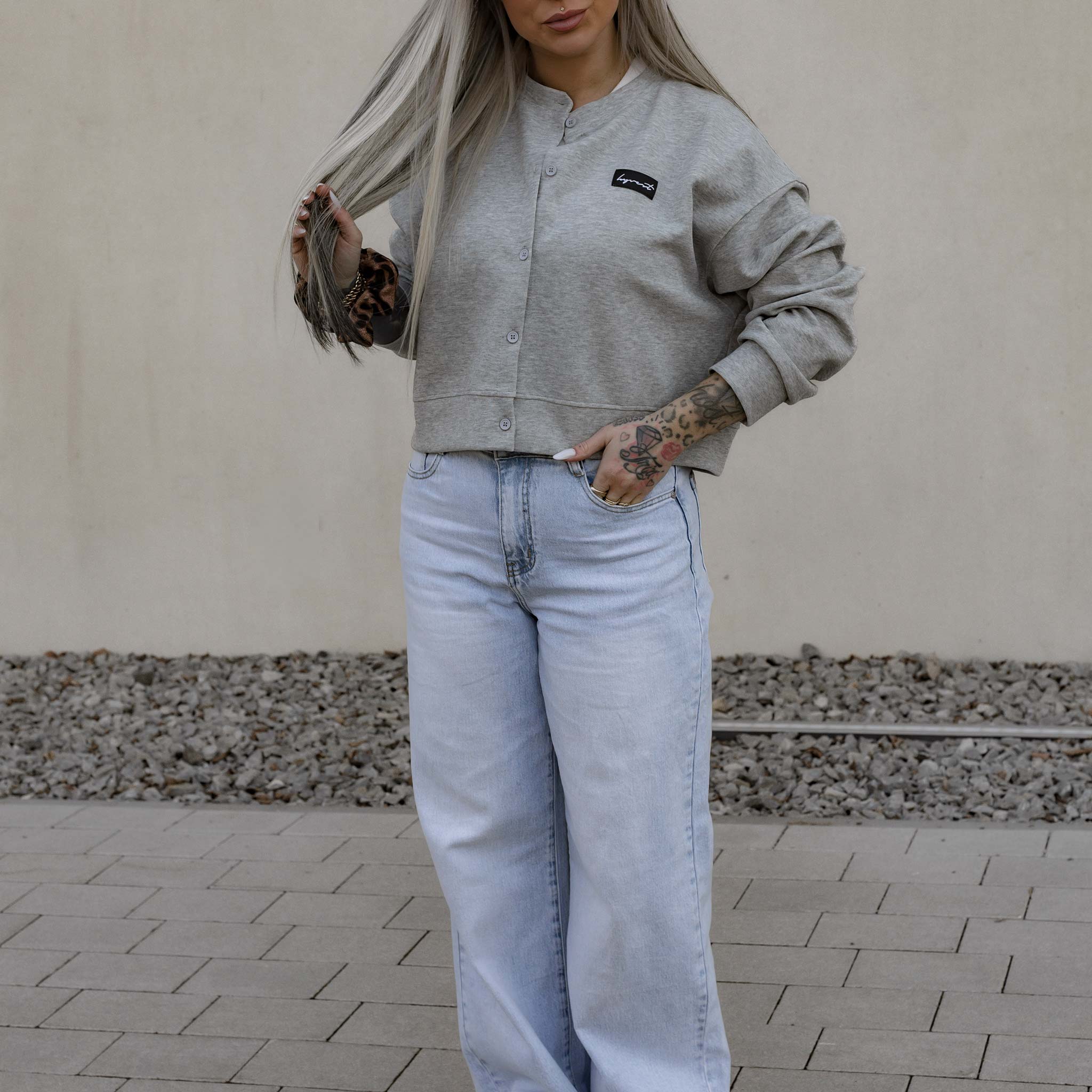 HYVEST Damen Outfit Wide Leg Jeans High Waist mit Cardigan Cropped Button