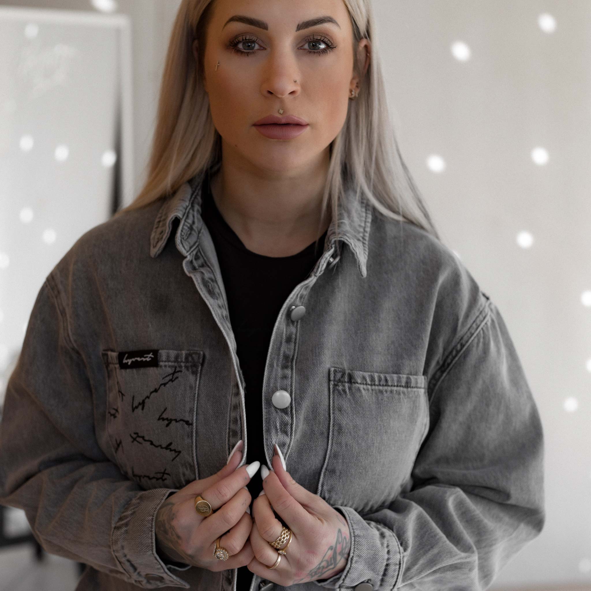 HYVEST Frauen Jeanshemd Oversize mit Print und Knöpfen und leichtem Kragen