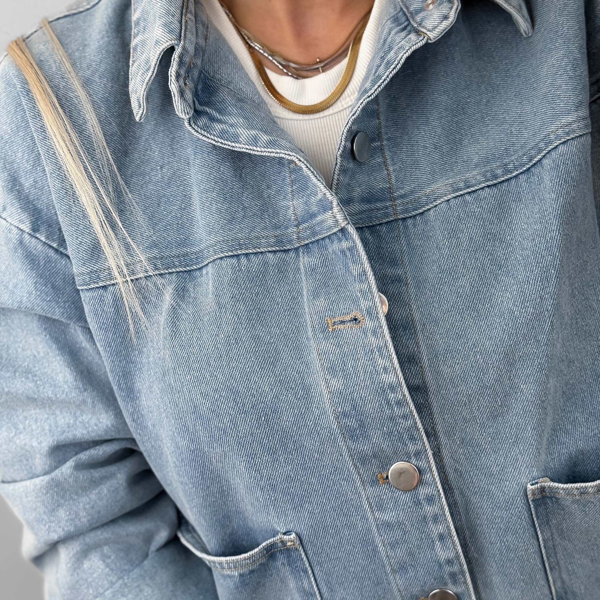 HYVEST Jeansjacke Oversize Backprint helles Denim mit Knopfleiste