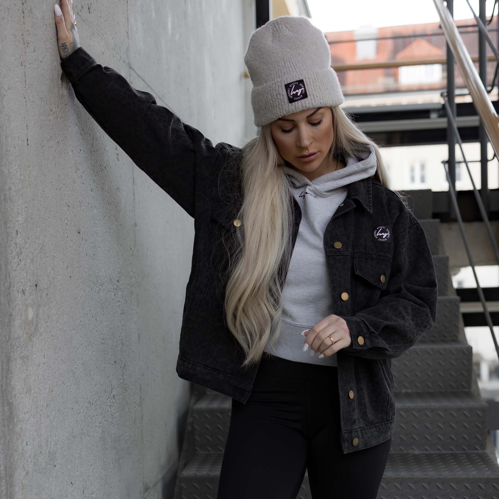 HYVEST Damen Jeansjacke mit weicher Beanie und kurzem Hoodie Grau