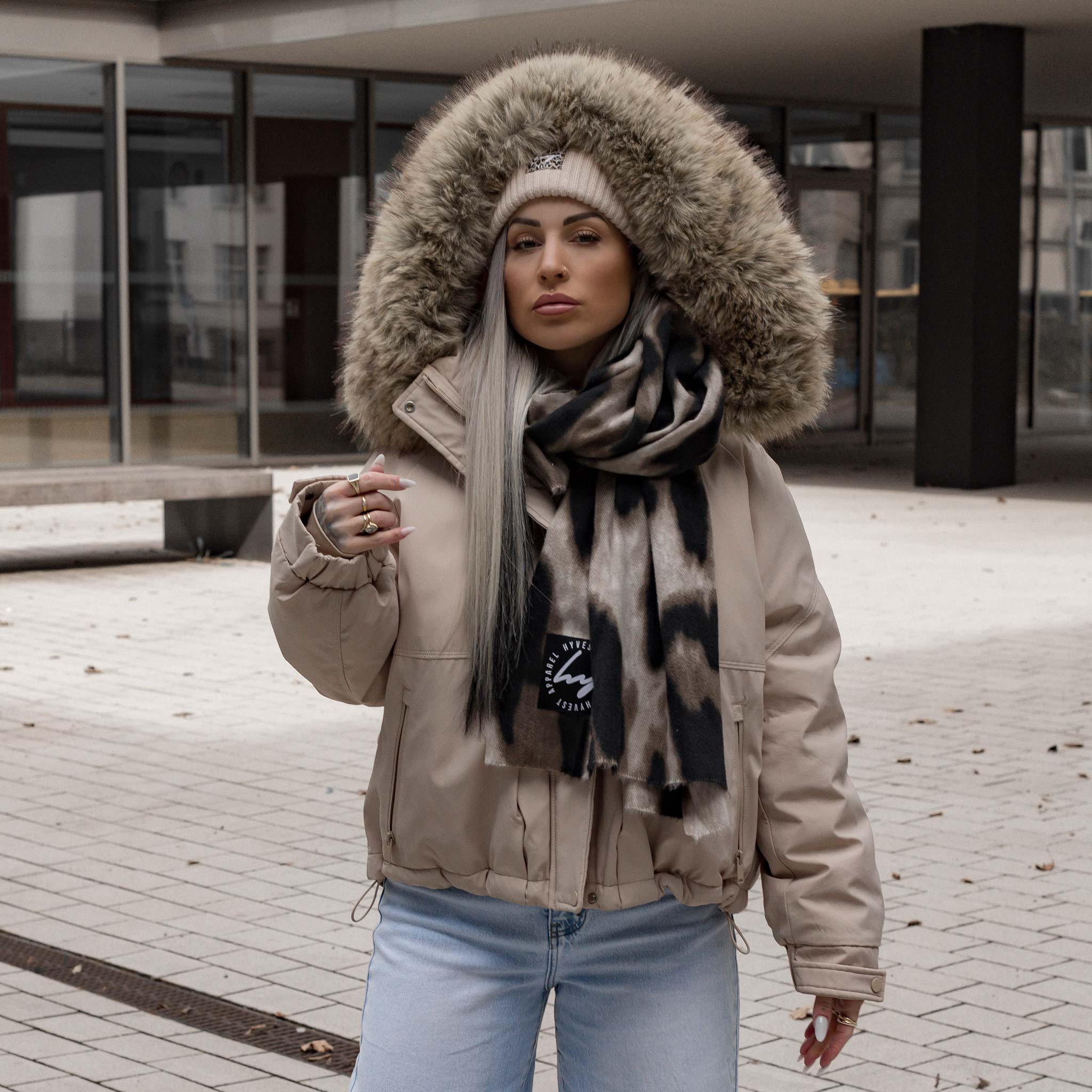 HYVEST Herbst Outfit Damen mit Schal Leomuster zum Parka leicht wattiert 3in1 mit Fellimitat