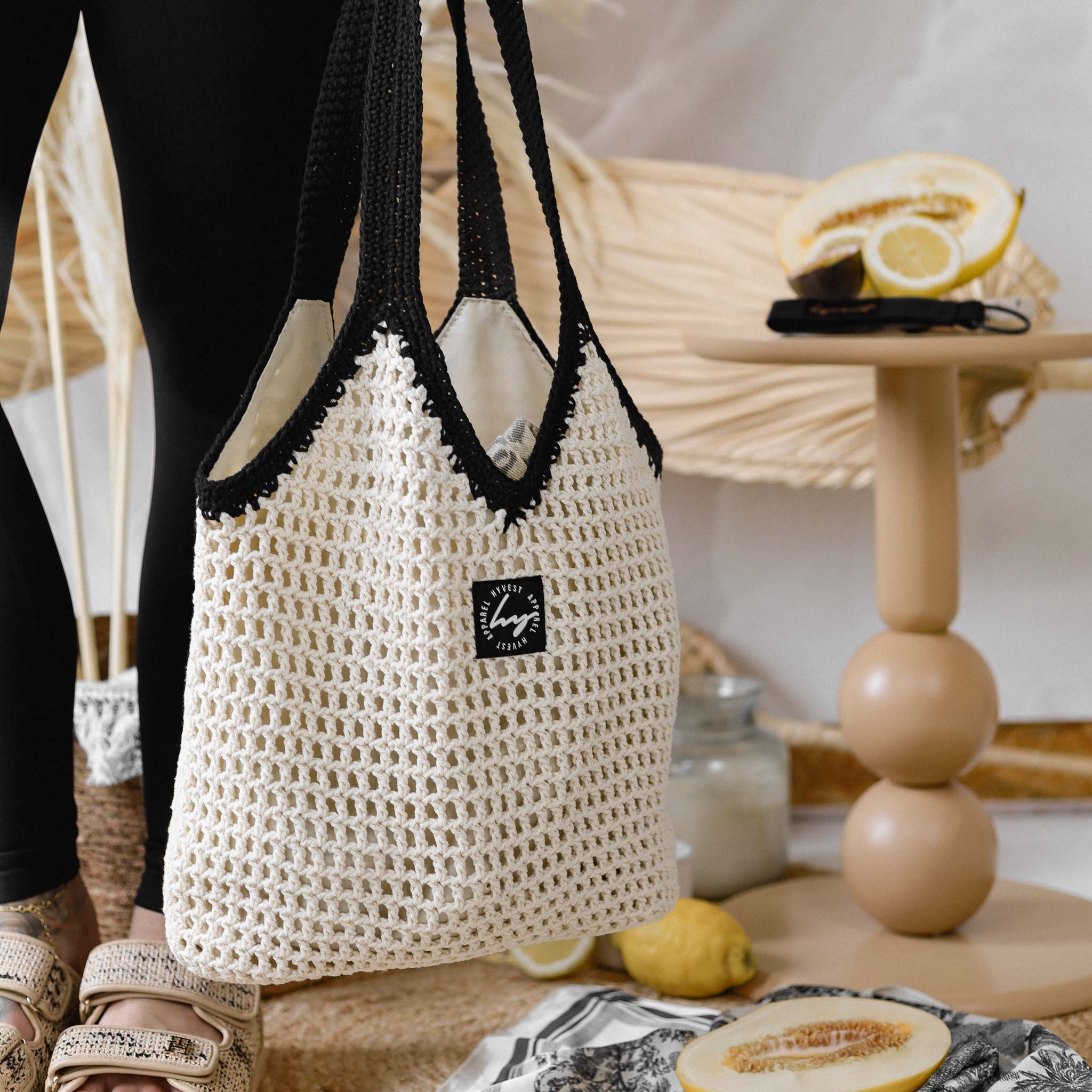 HYVEST Strandtasche Bast mit Reißverschluss als Strandtasche im Boho Look und Colorblock Design