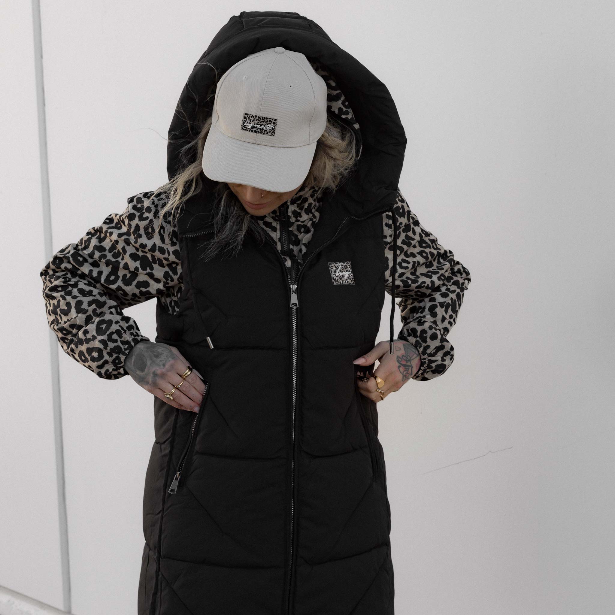 HYVEST Damen Outfit Übergang Regenparka Leomuster mit warmer Weste in Schwarz mit Kapuze