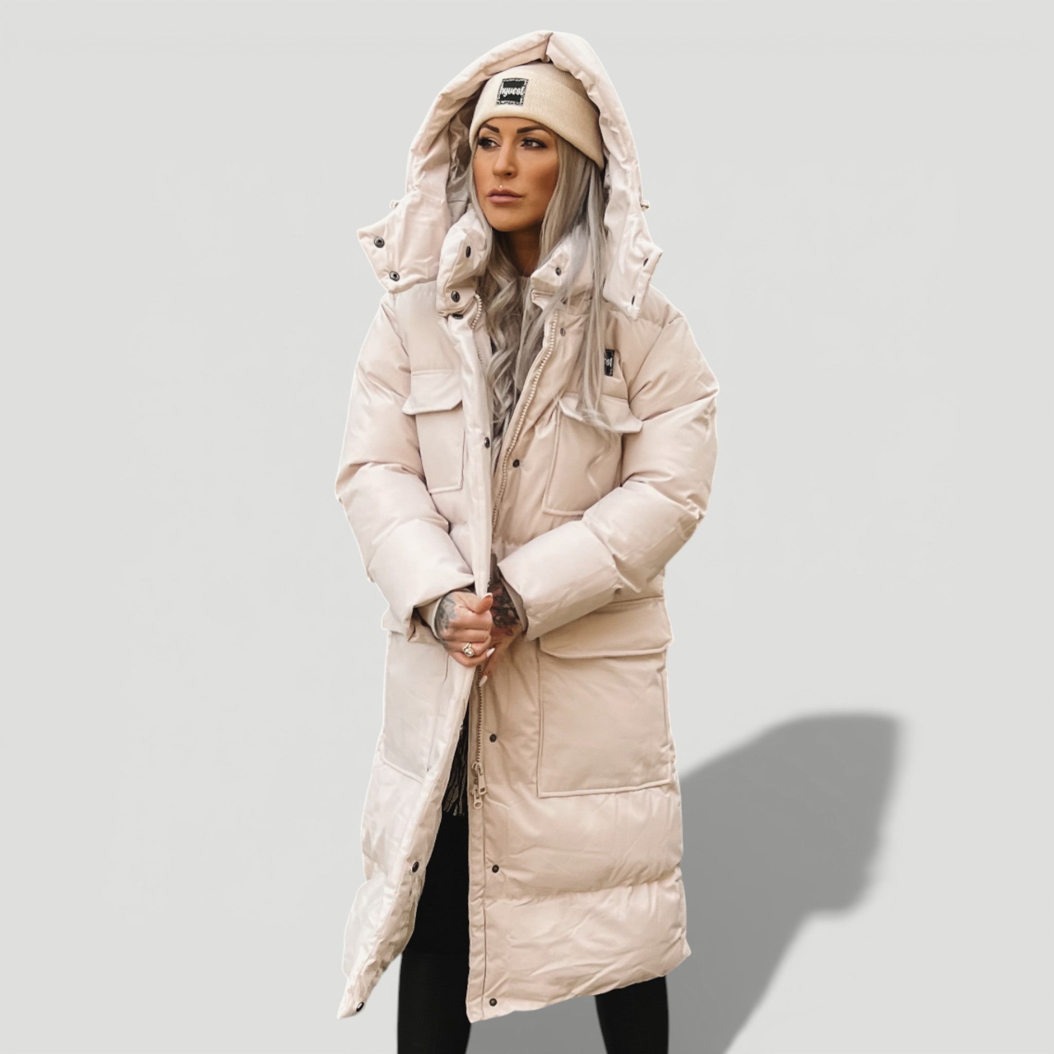 HYVEST Frauen Winterparka lang Supreme helles Beige mit Kapuze für warme Winteroutfits