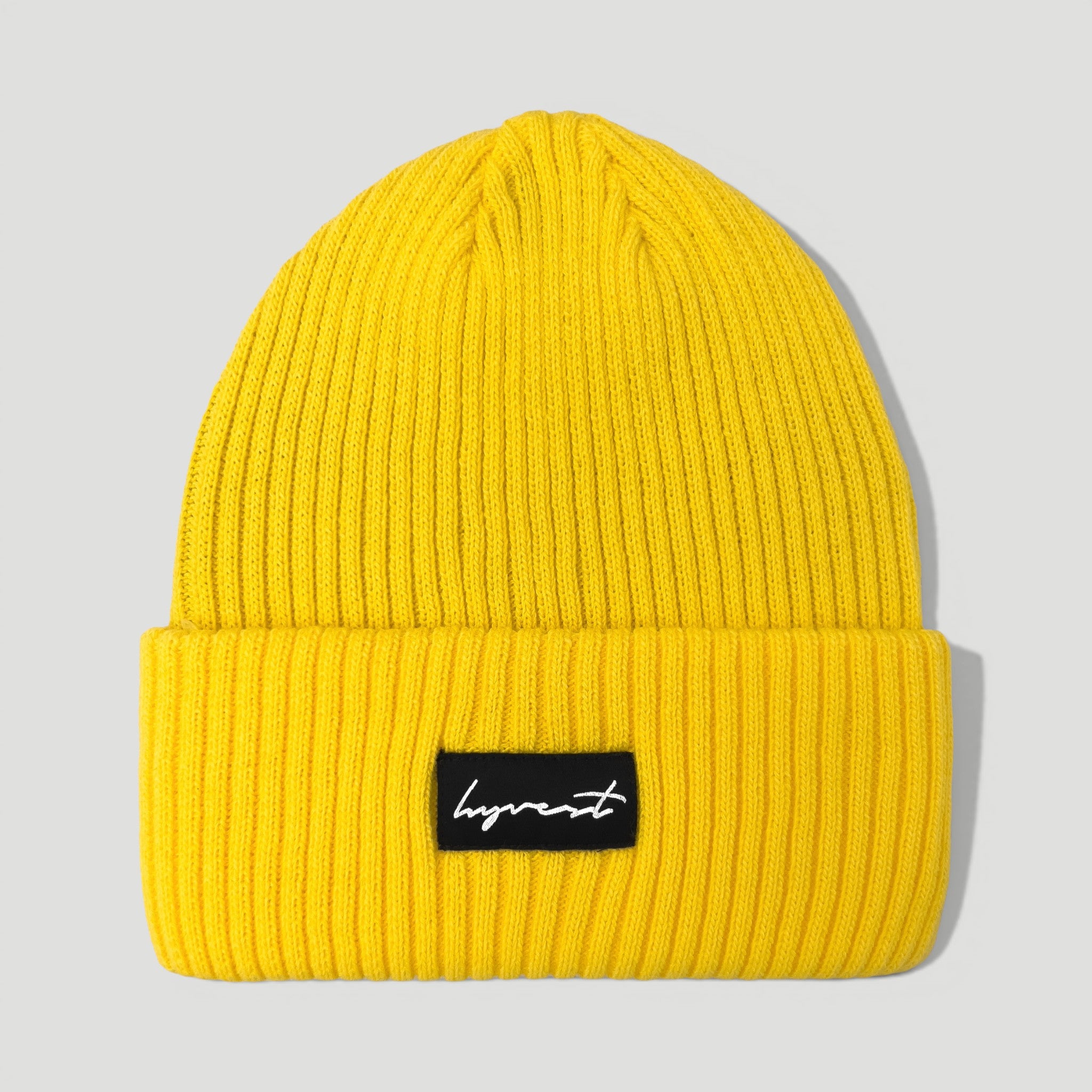 HYVEST Beanie Big Rippstrick gelb Patch schwarz
