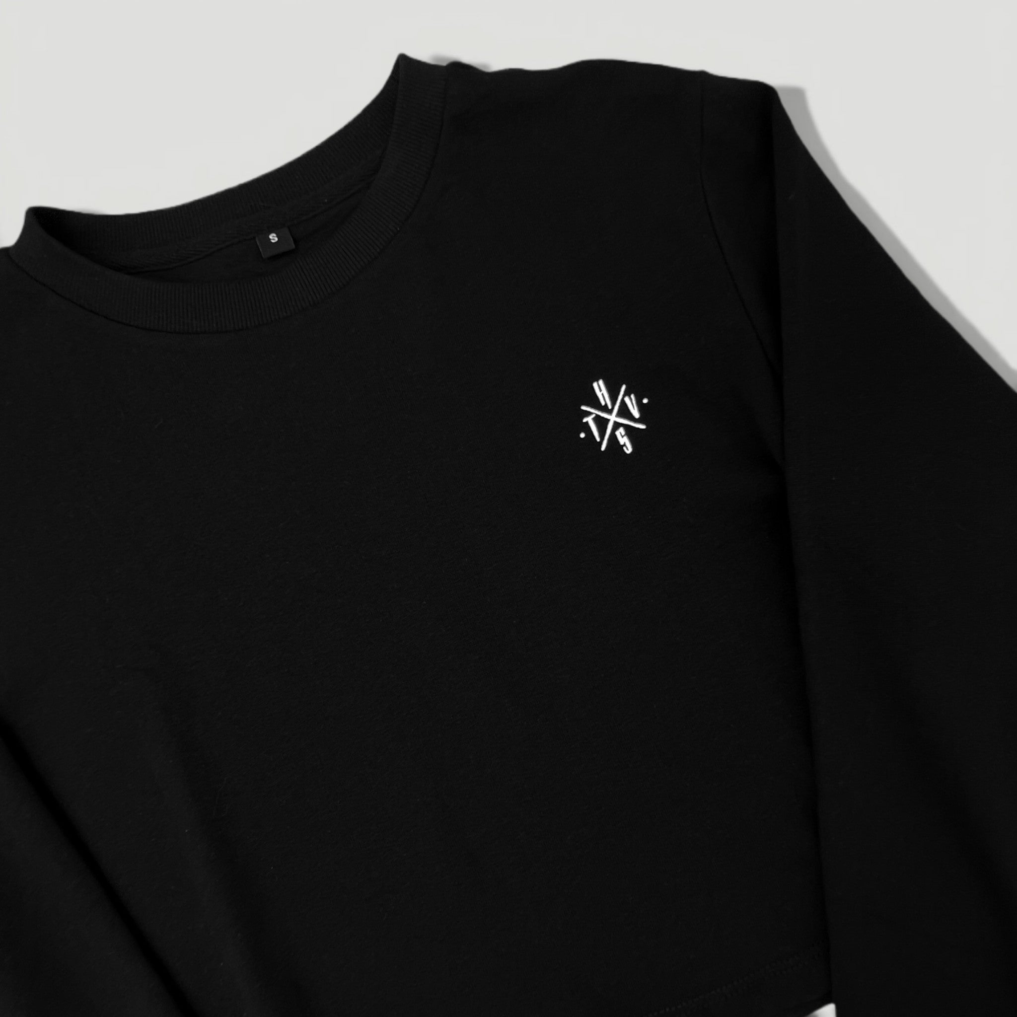 HYVEST Damen kurzes Longsleeve Baumwolle schwarz mit weißem Print