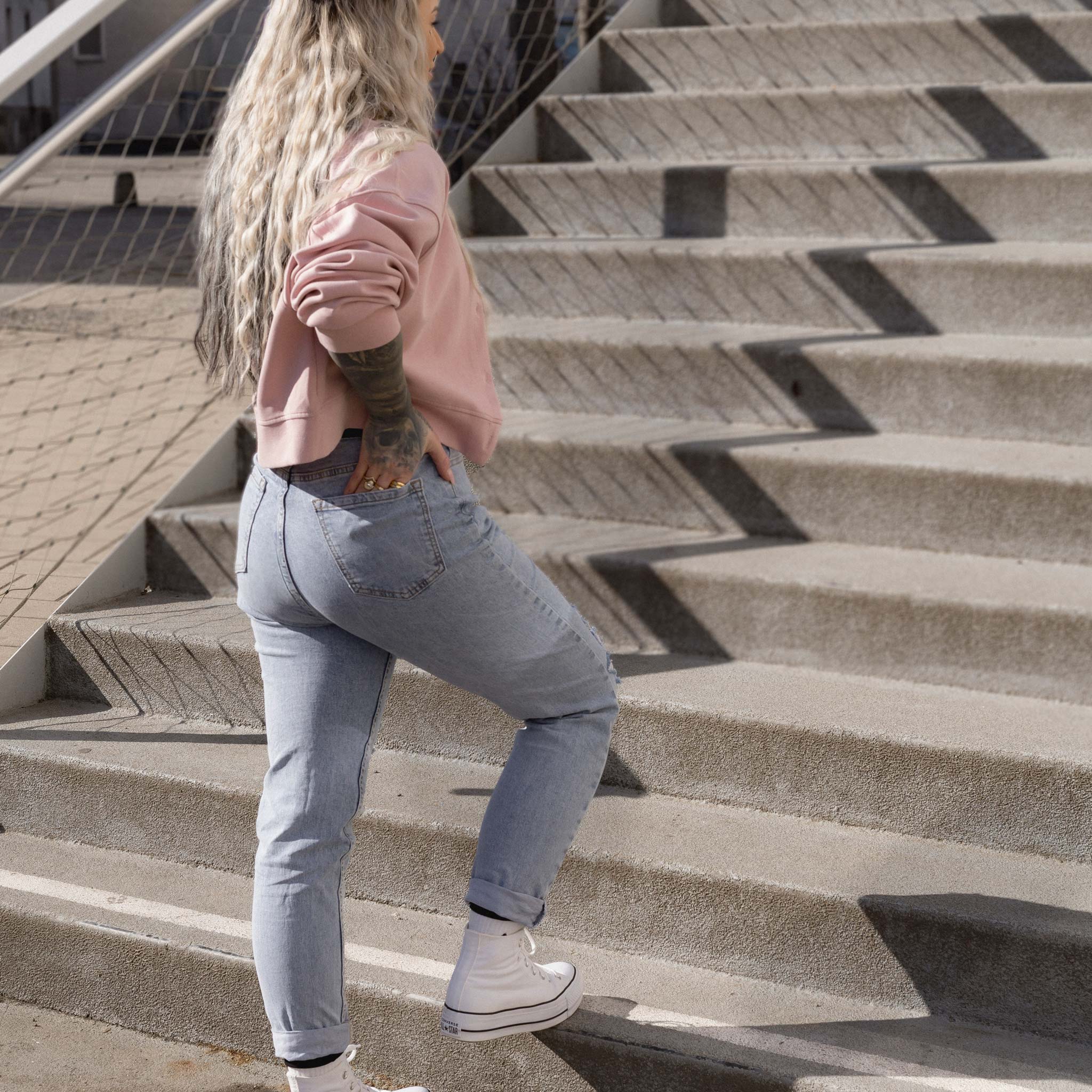 HYVEST Mom Jeans Damen High Waist mit Taschen im Used Look