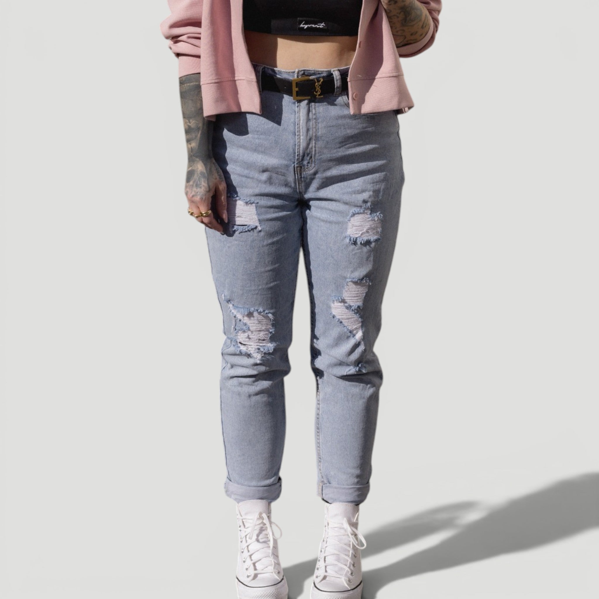 HYVEST Mom Jeans High Waist hellblau zum rosa Cardigan Cropped Button