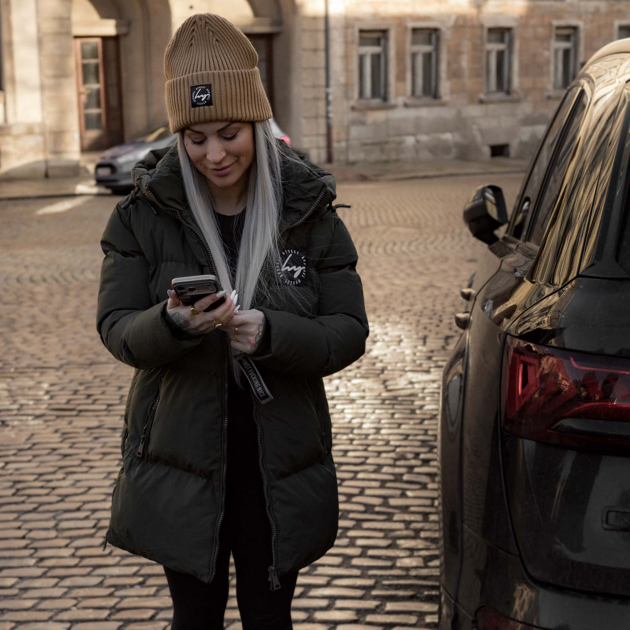 HYVEST Winterparka wattiert mittel in Olivegrün mit Beanie zum warmen Winterlook