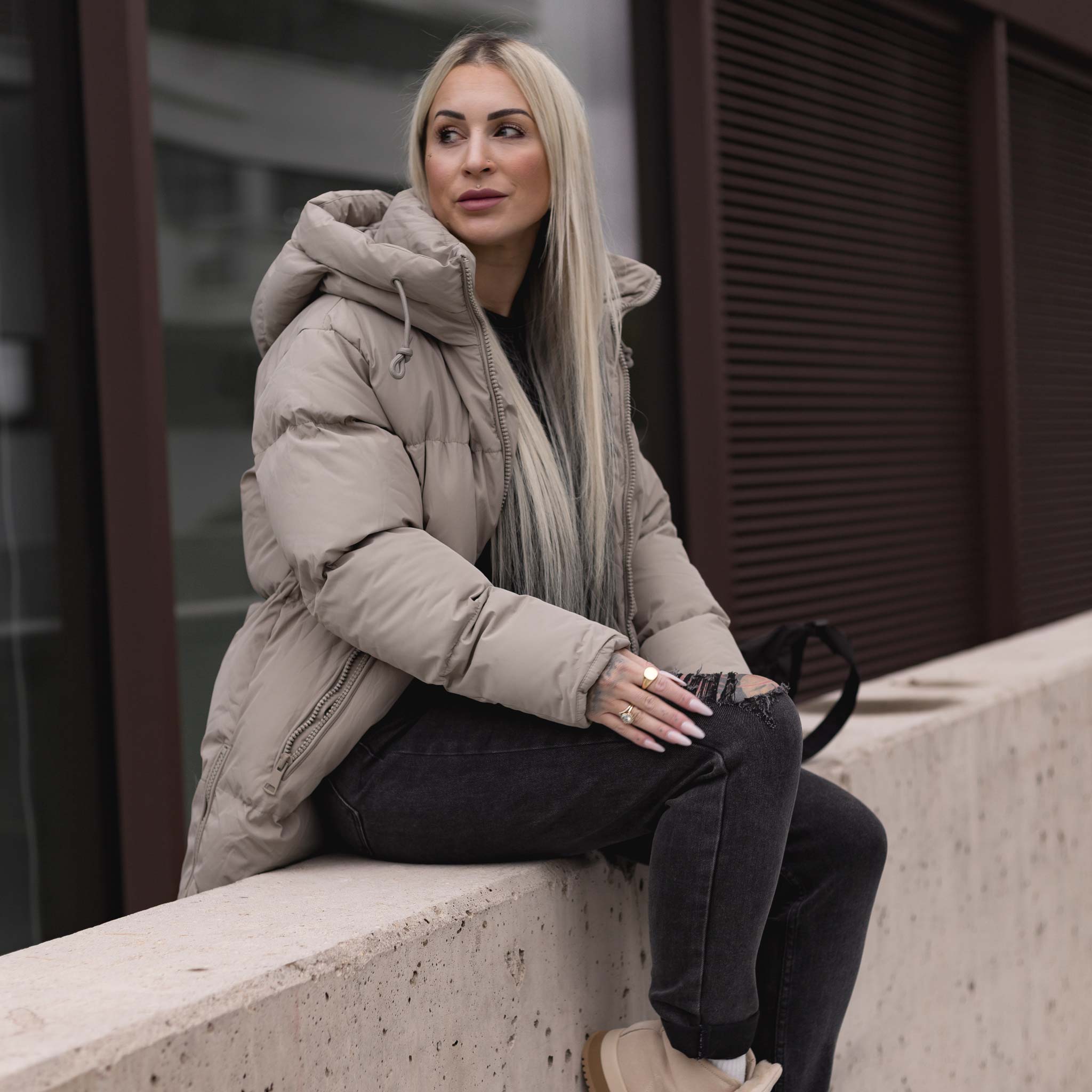 HYVEST Winterparka wattiert mittellang in warmen Graubeige mit großer Kapuze 